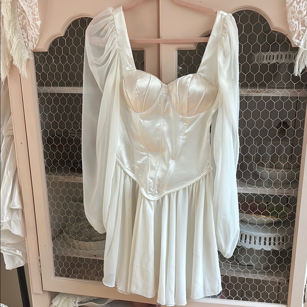 White Satin wedding style Dress with Sheer Sleeves silk corset S NWOT